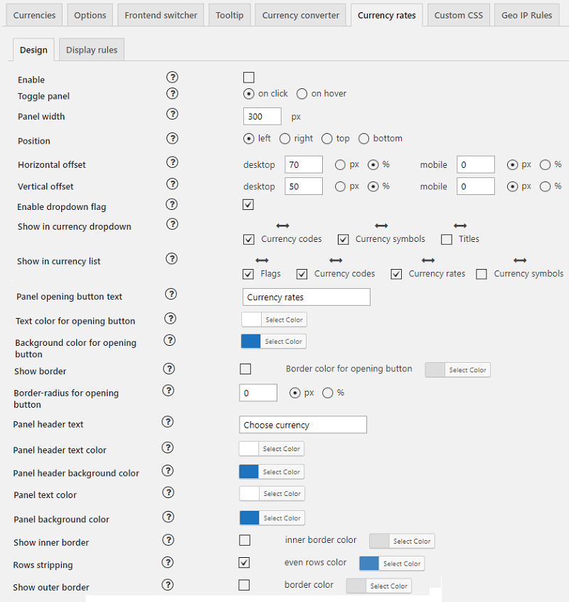 Admin panel. Currency Rates settings