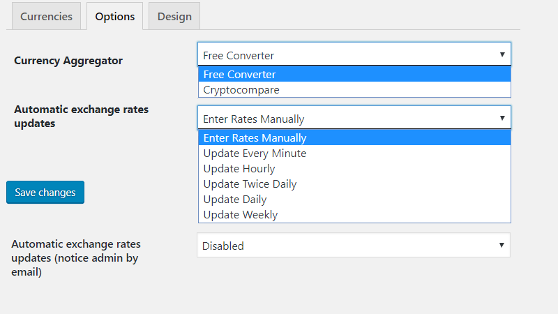 WBW Currency Switcher for WooCommerce Plugin admin panel. Options