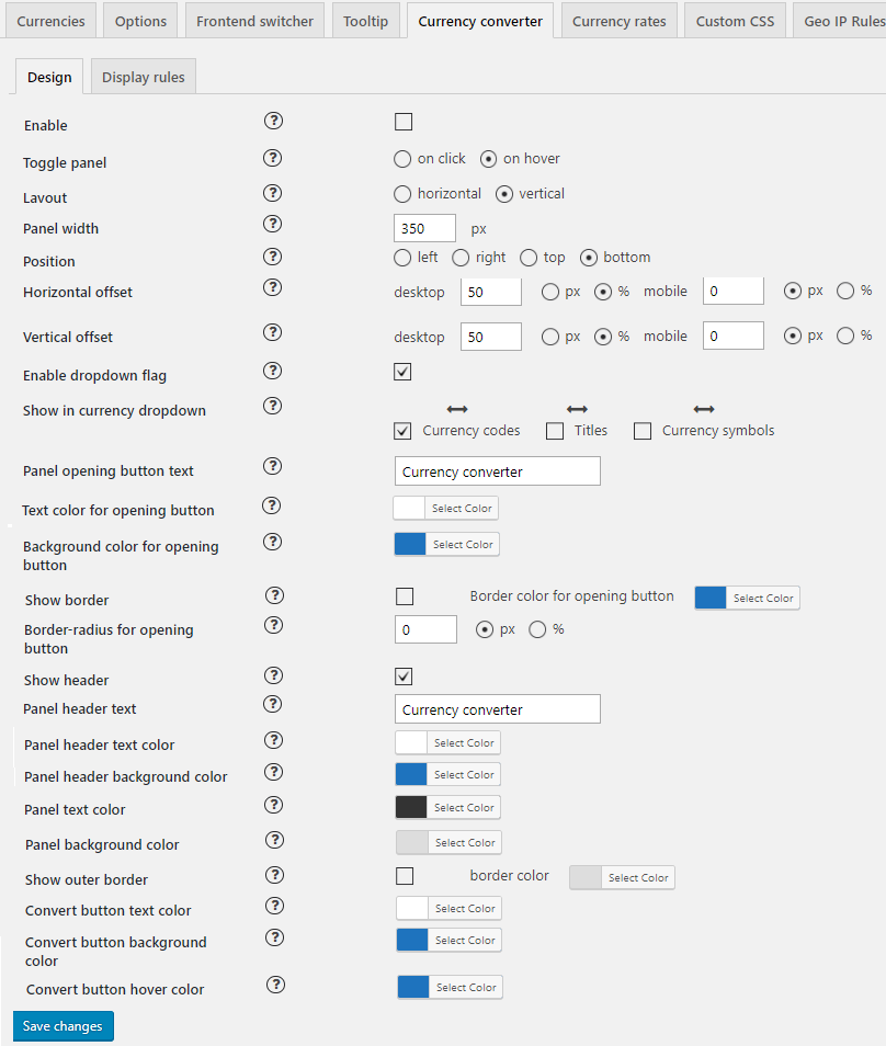 Admin panel. Currency Converter settings