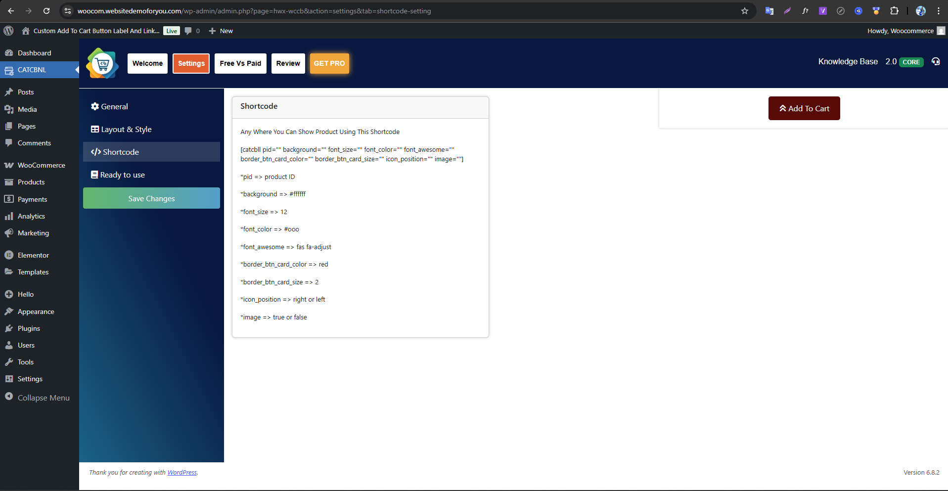 Shortcode settings