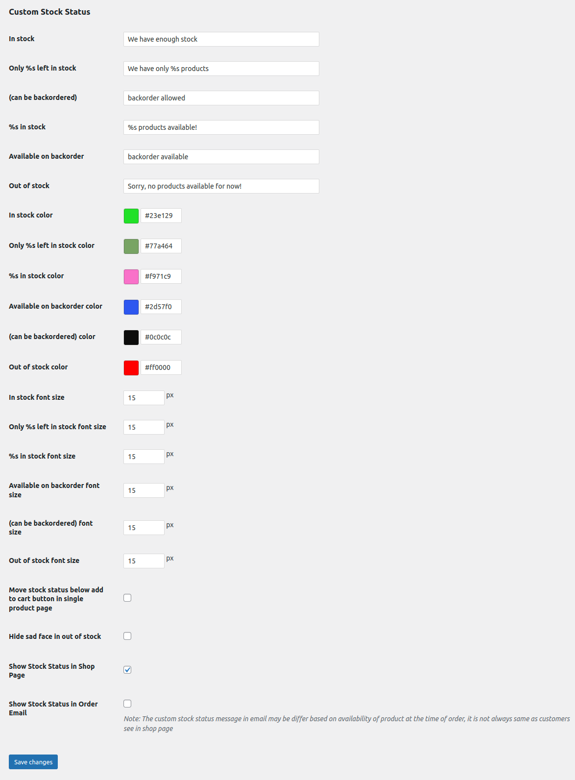 Custom stock status settings page