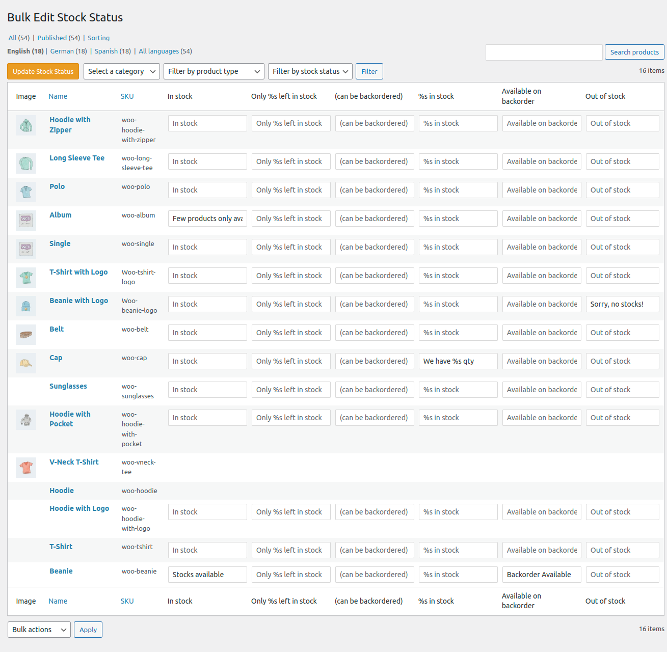 Bulk edit stock status page