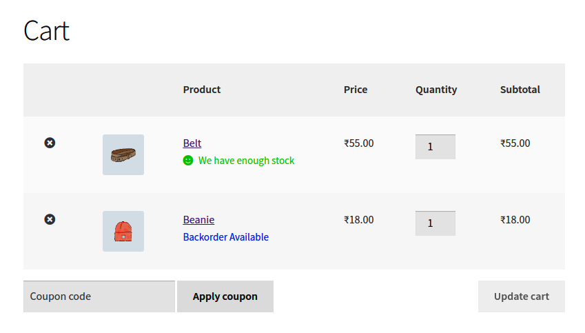 Custom stock status in cart page