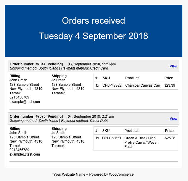 Example layout for the order email that is sent out