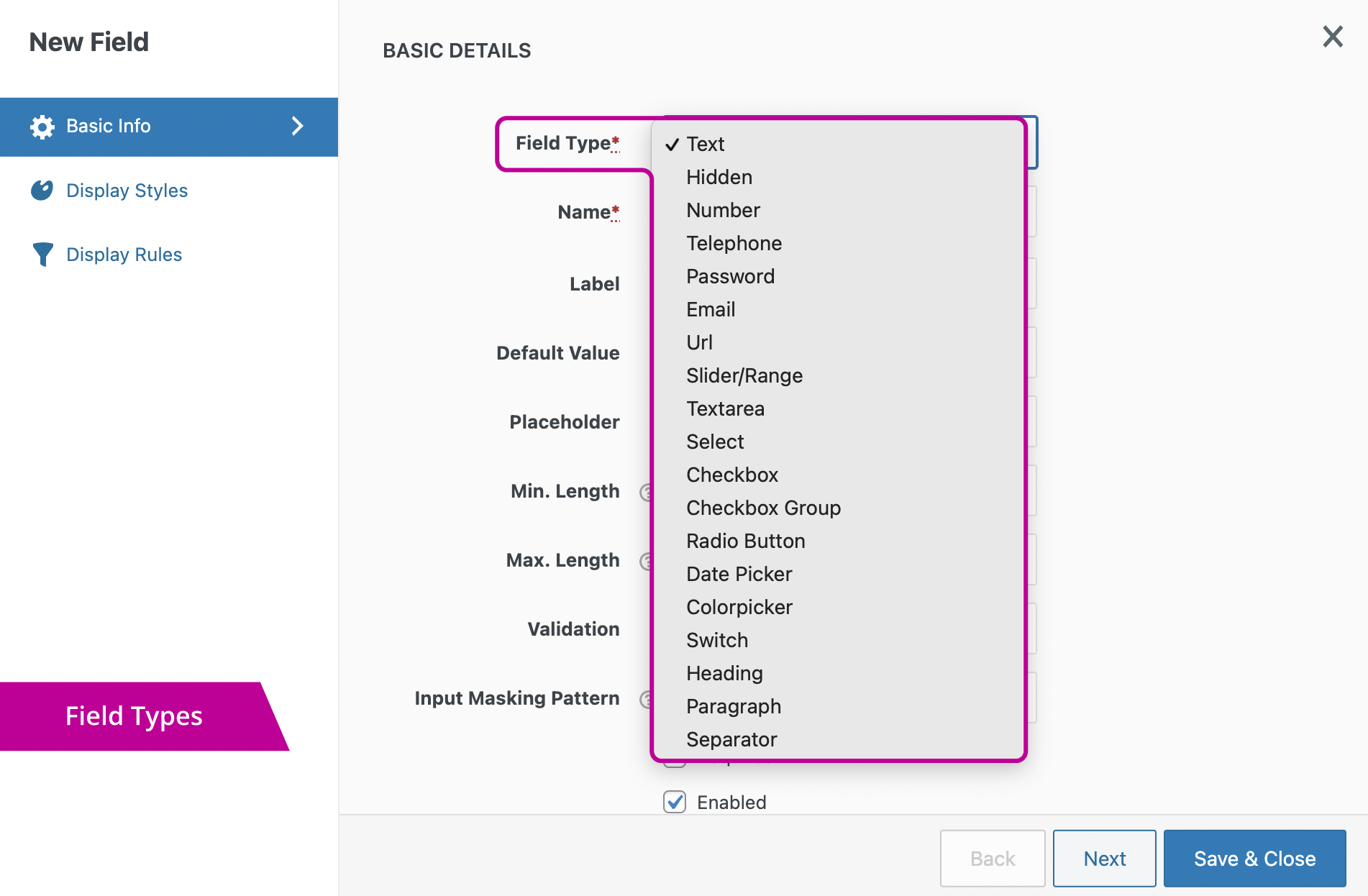 Create custom field, 17 field types.