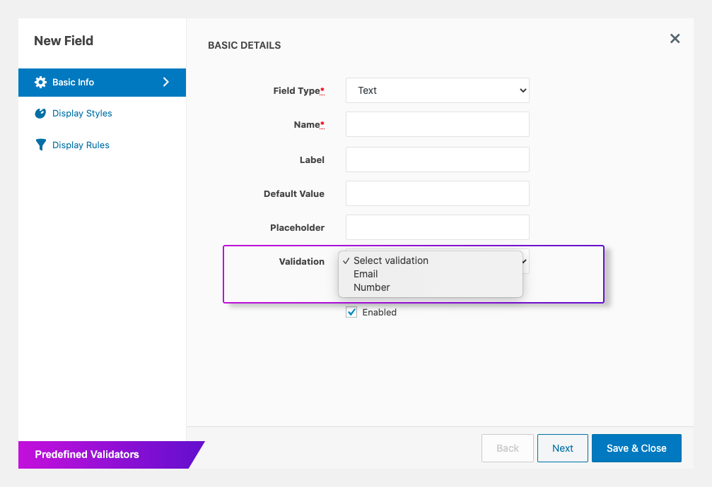 Set field validation rule.