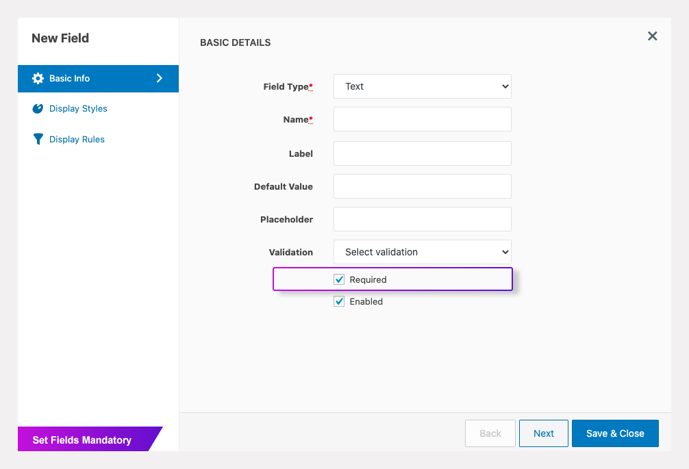 Set mandatory fields.