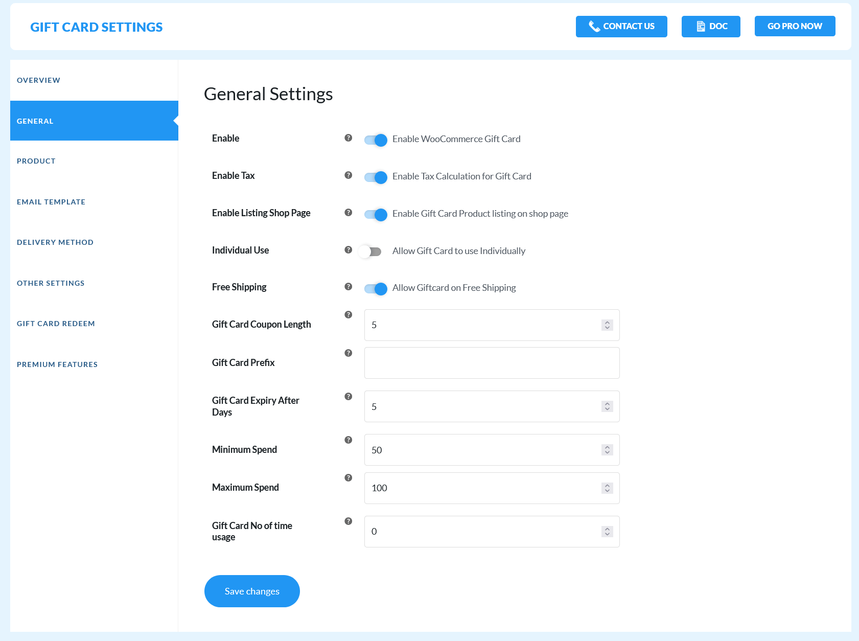 <strong>General Settings</strong> - You can enable the Gift card plugin along with other features.