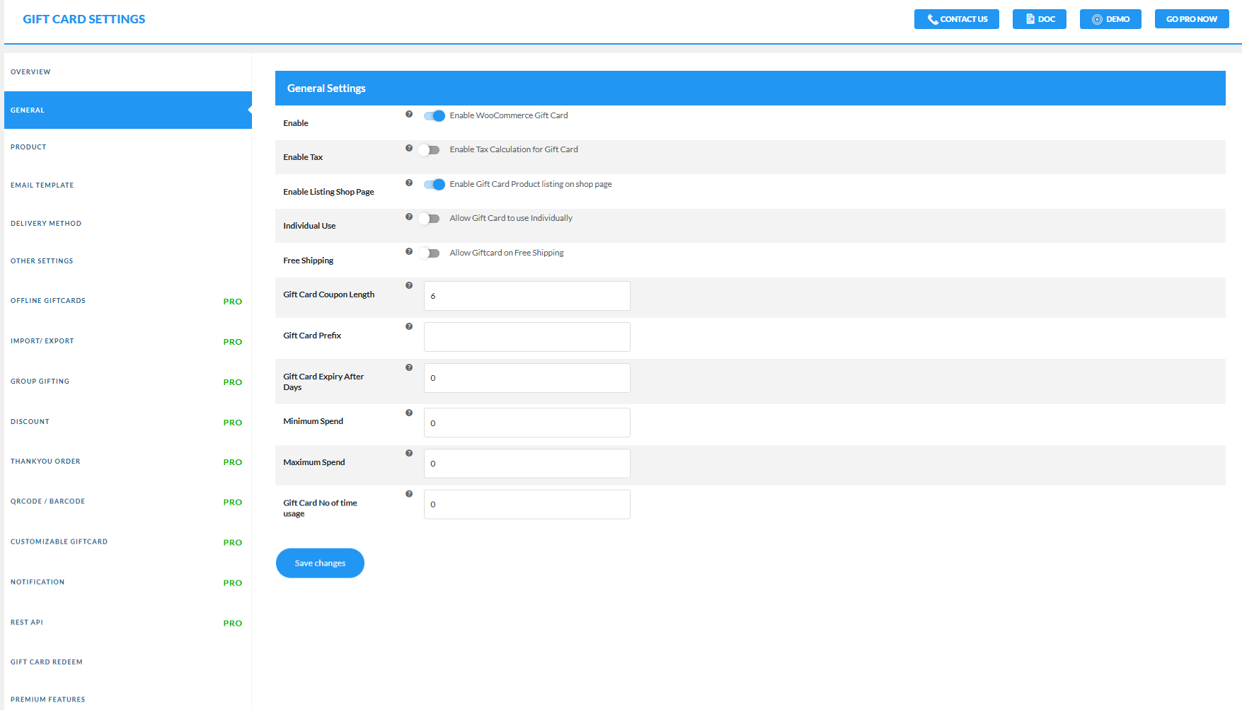 <strong>General Settings</strong> - You can enable the Gift card plugin along with other features.