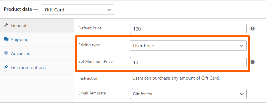 <strong>User Price</strong> - In this setting, the customer can enter the price amount of his choice.