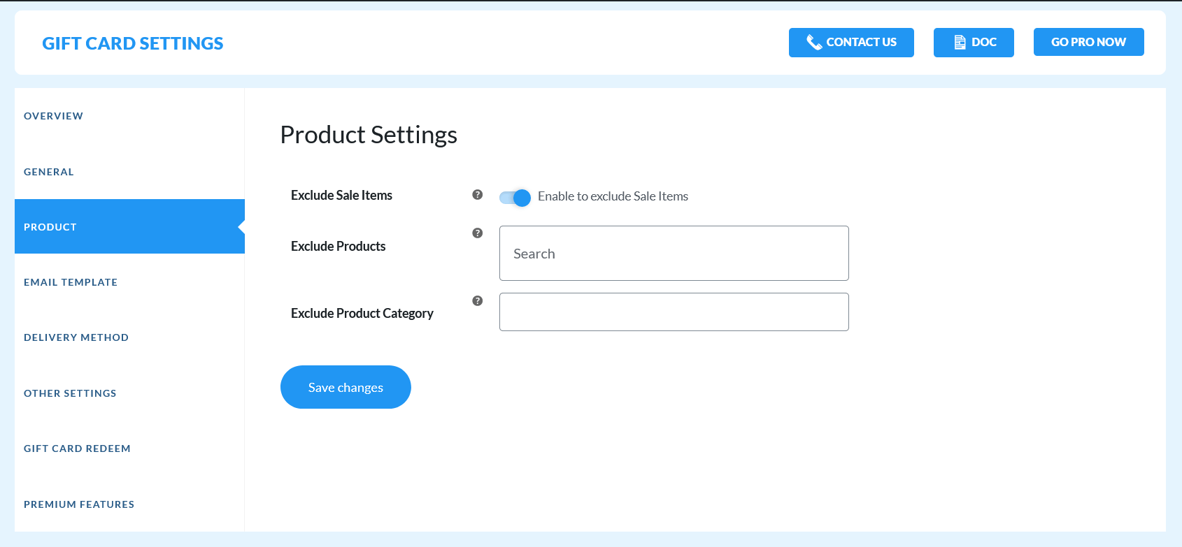 <strong>Product settings</strong> - You can exclude the product categories for the Gift Cards.