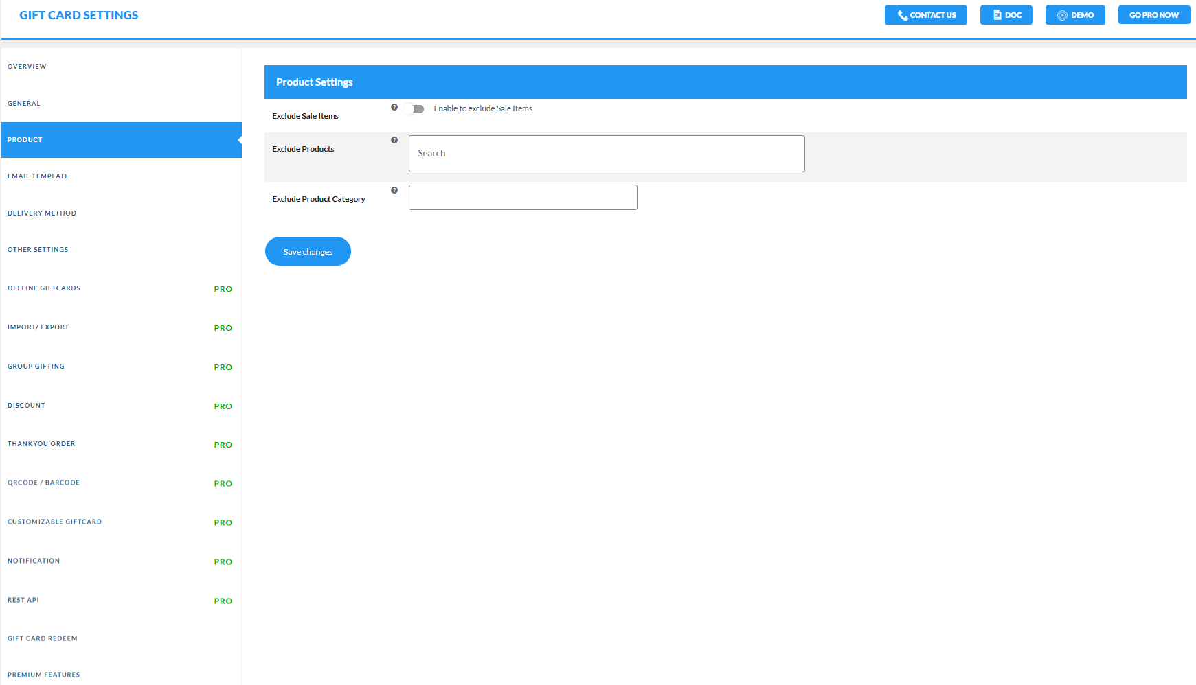 <strong>Product settings</strong> - You can exclude the product categories for the Gift Cards.