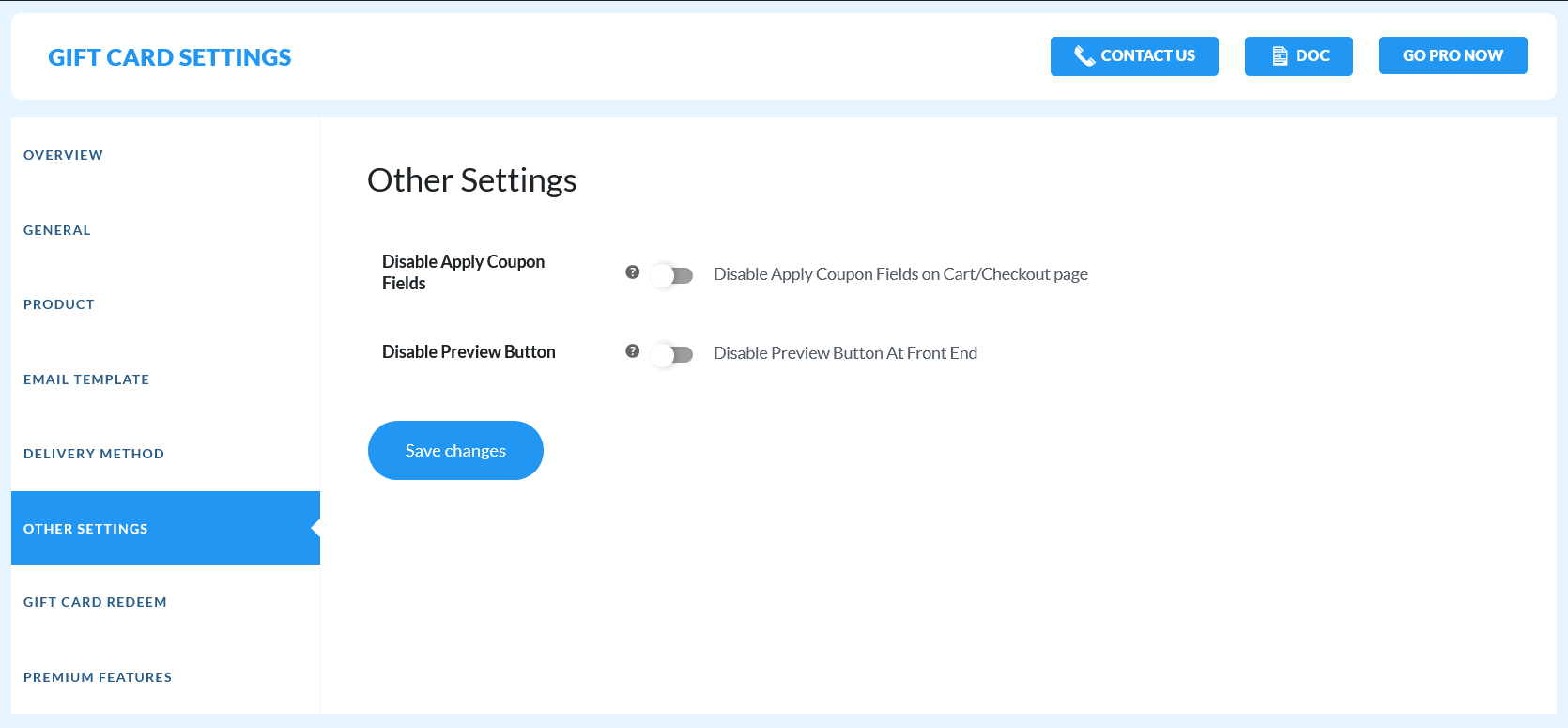 <strong>Other Settings</strong> - This setting provides the disable options for the apply coupon code and preview option.