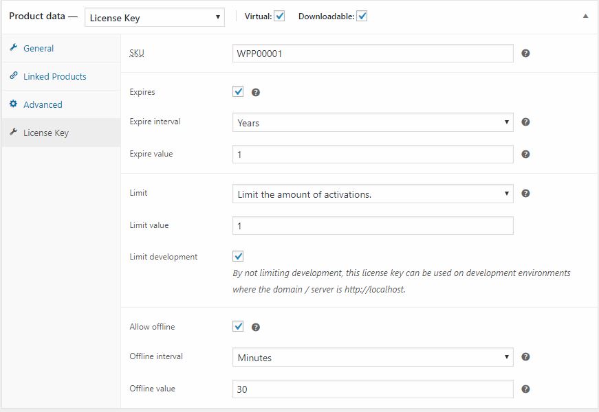 License Key tab and options when adding or editing a product. Note: Some features displayed are from the extension we offer.