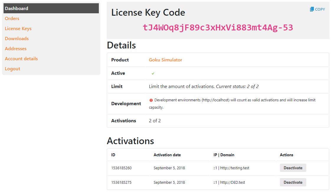 Customer's "License Key" page view at "My Account" page, with activations.