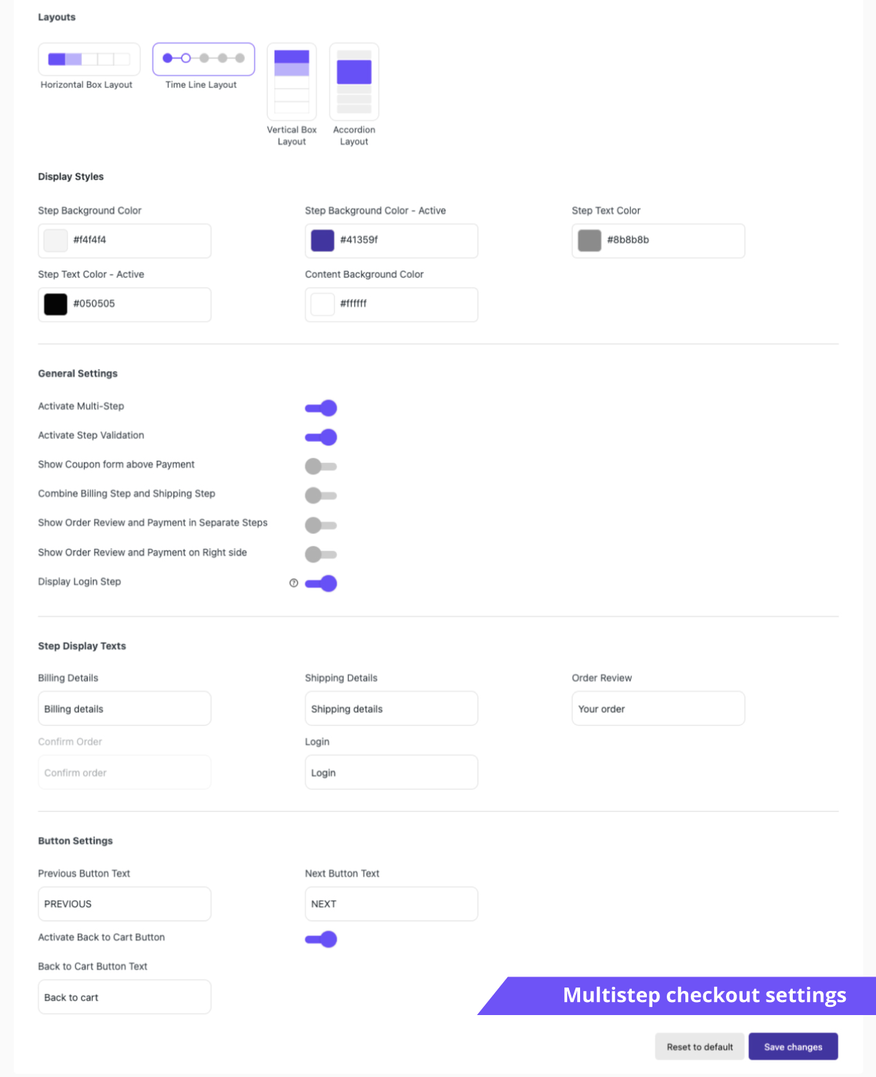 Multistep checkout settings.