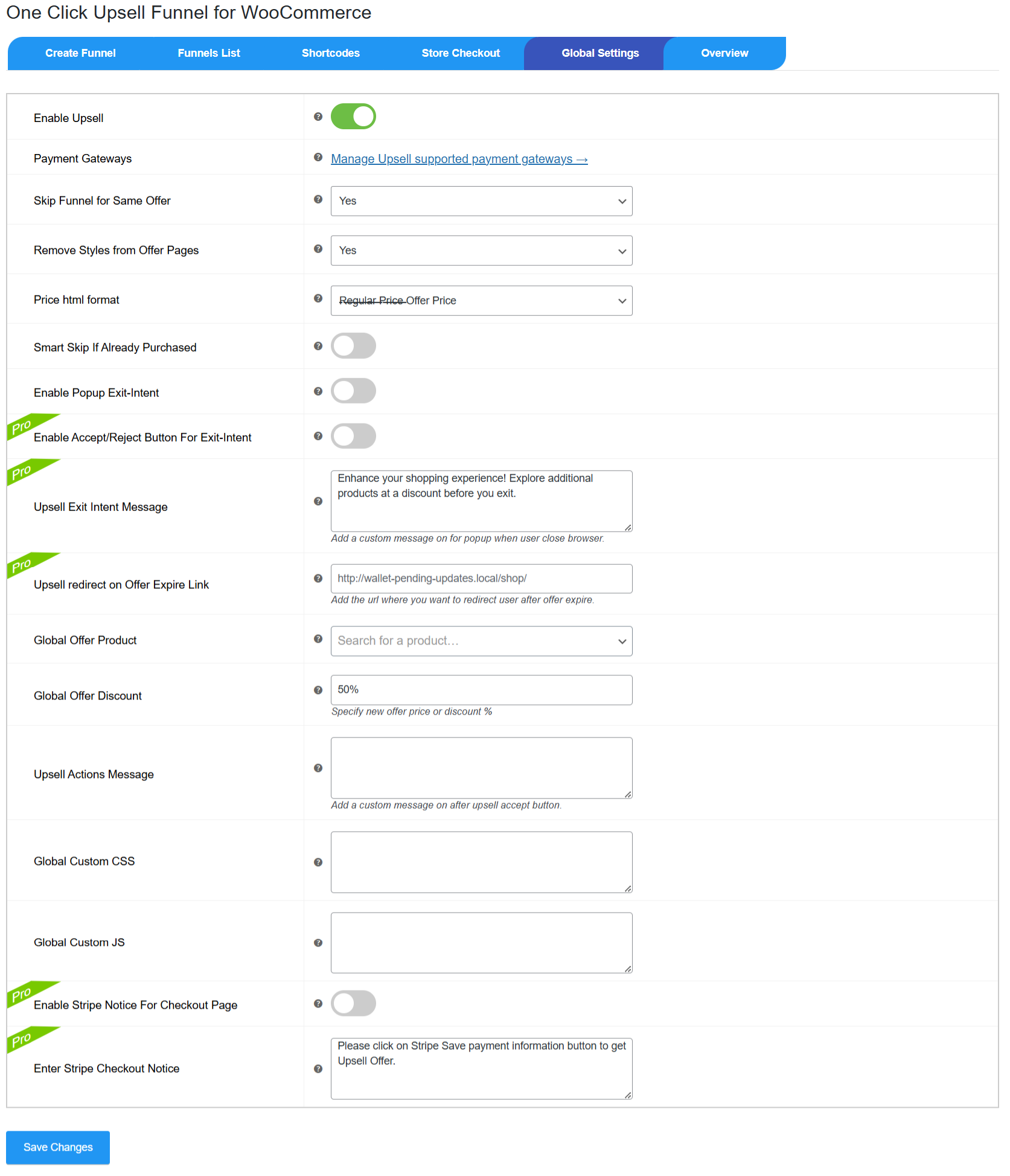 Global Settings: Global settings that take effect on all funnels