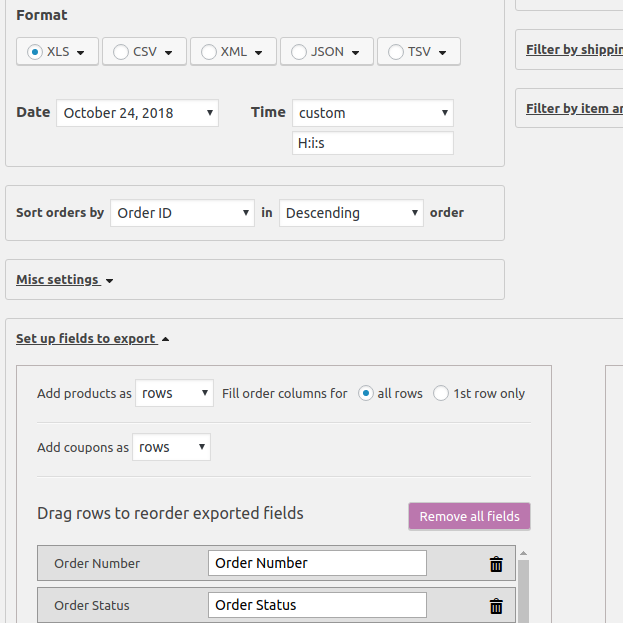 Select the fields to export, rename labels, reorder columns.