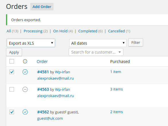 Select orders to export and use "bulk action".