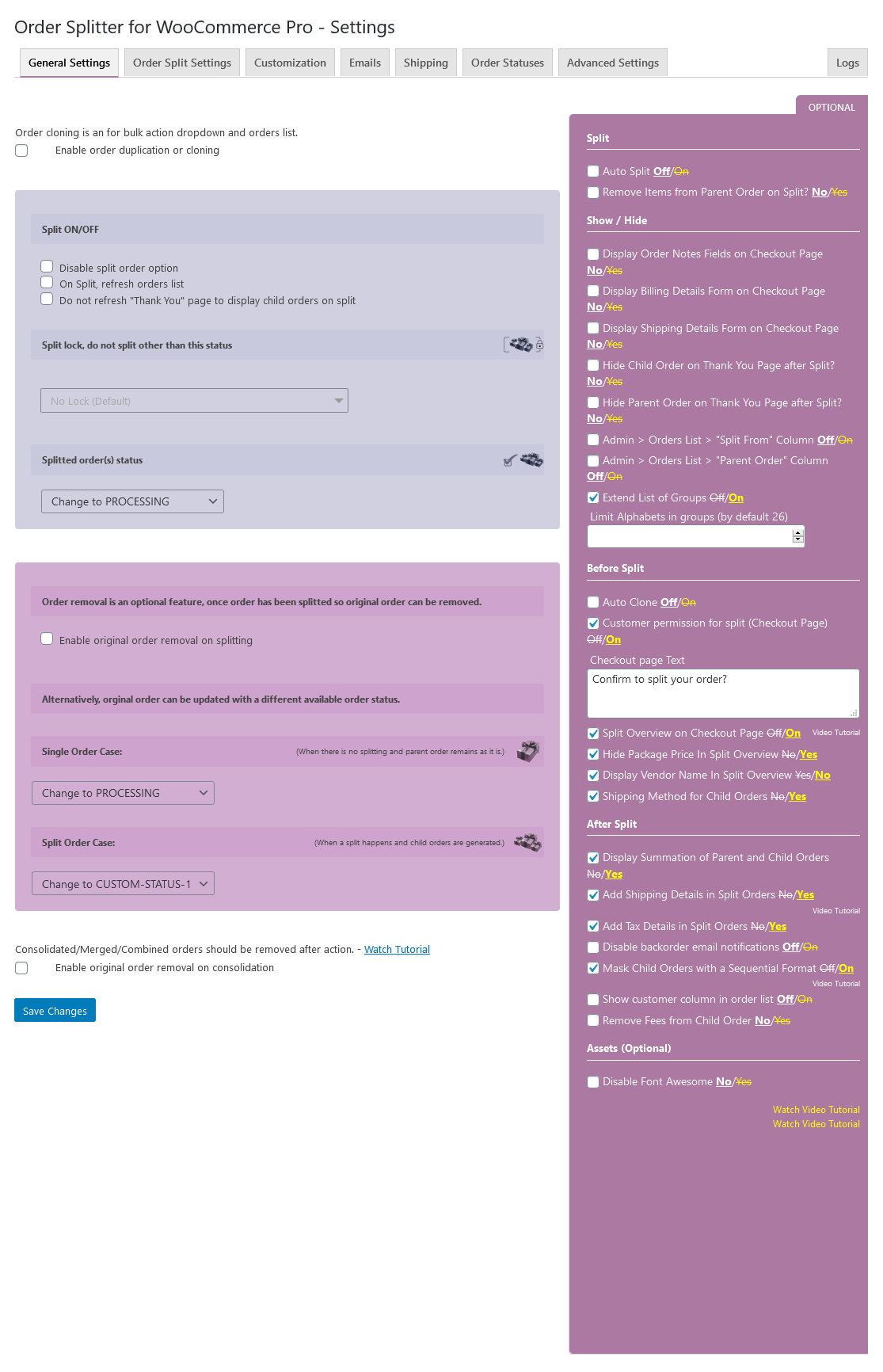 Settings page