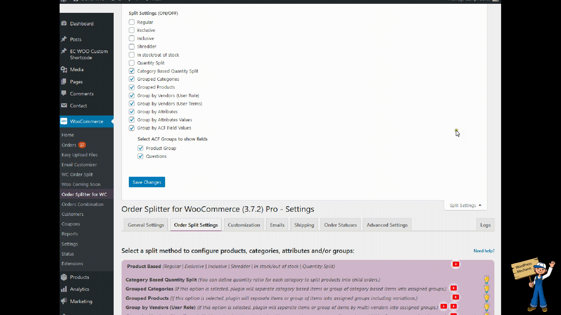 Screen options for split methods.