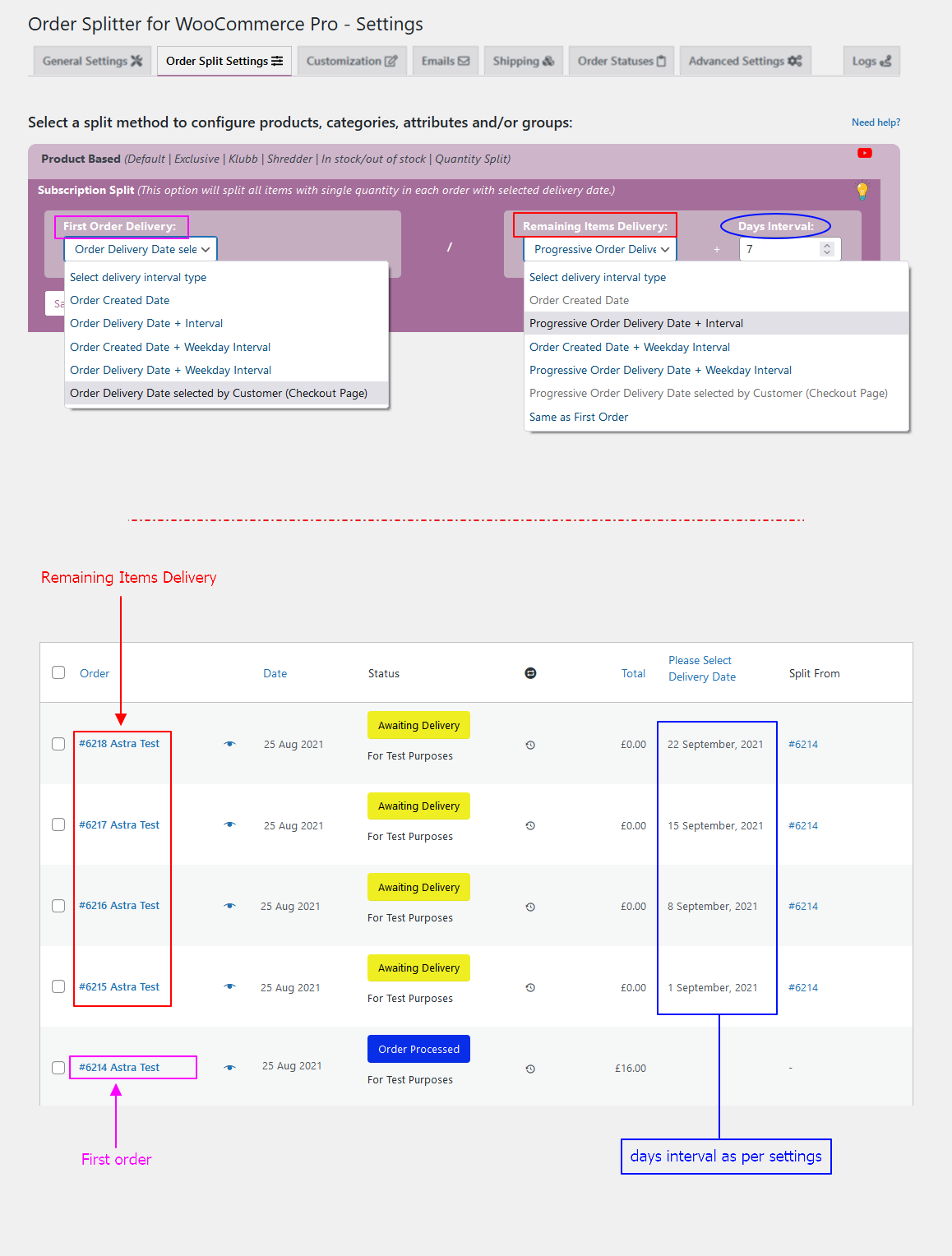 Subscription split &gt; Settings Page