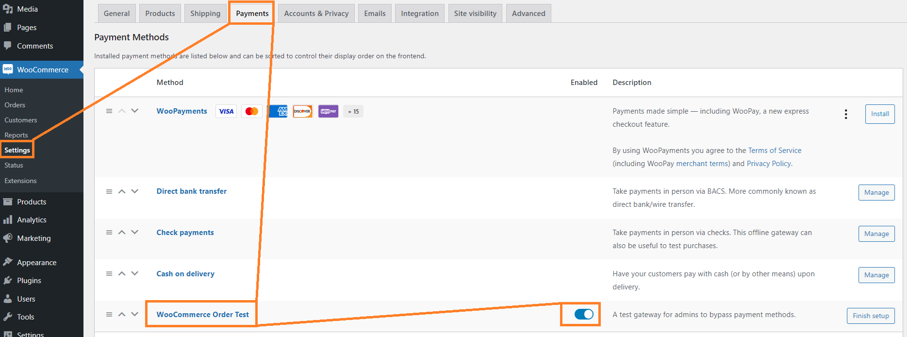 <p>Settings page within the WooCommerce settings area</p>