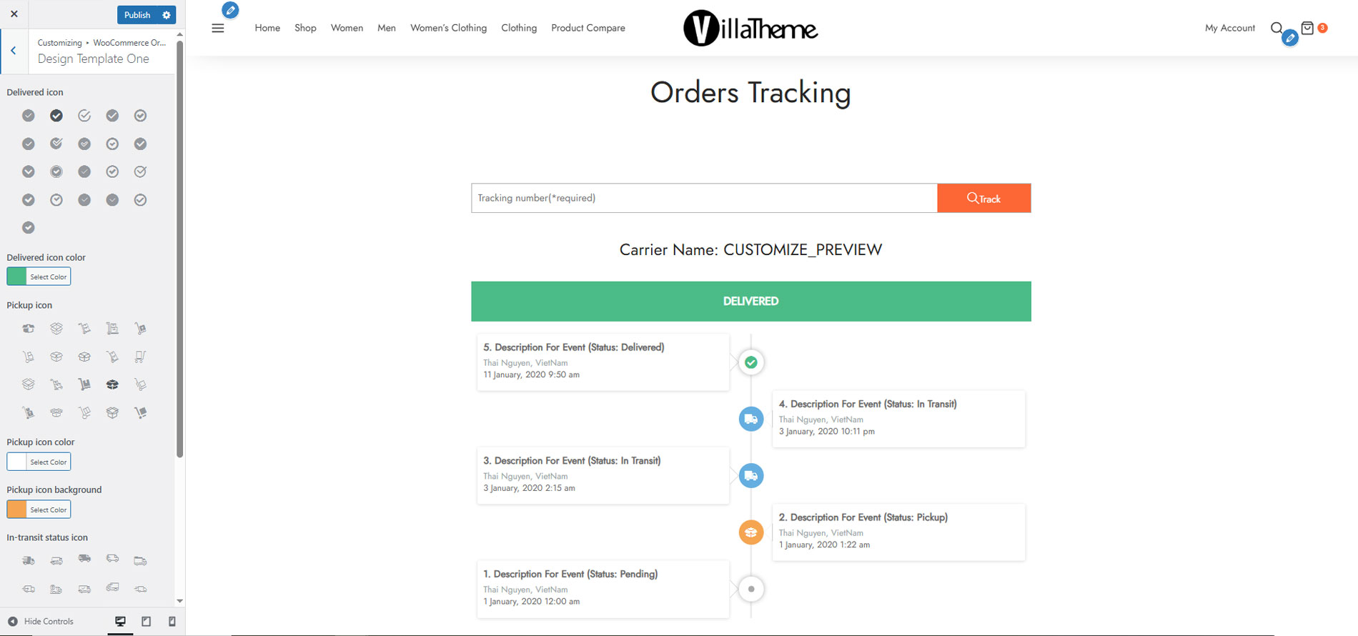 Custom design tracking page