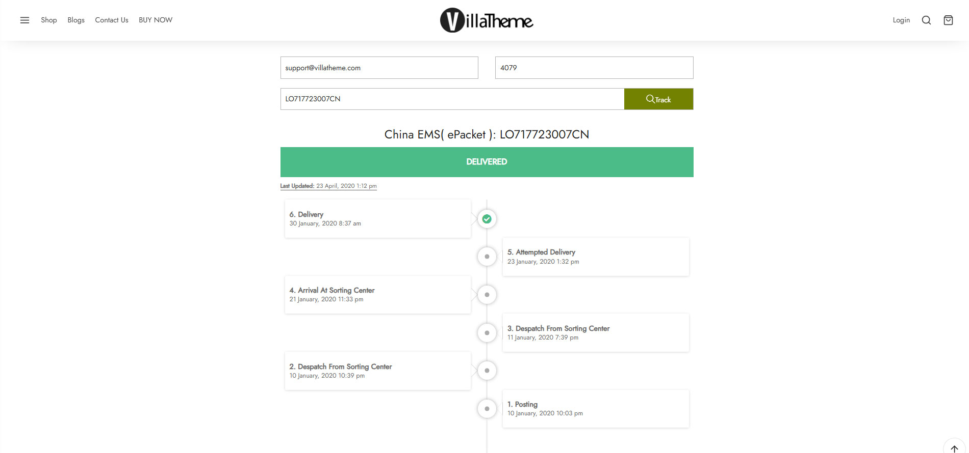 Order tracking page