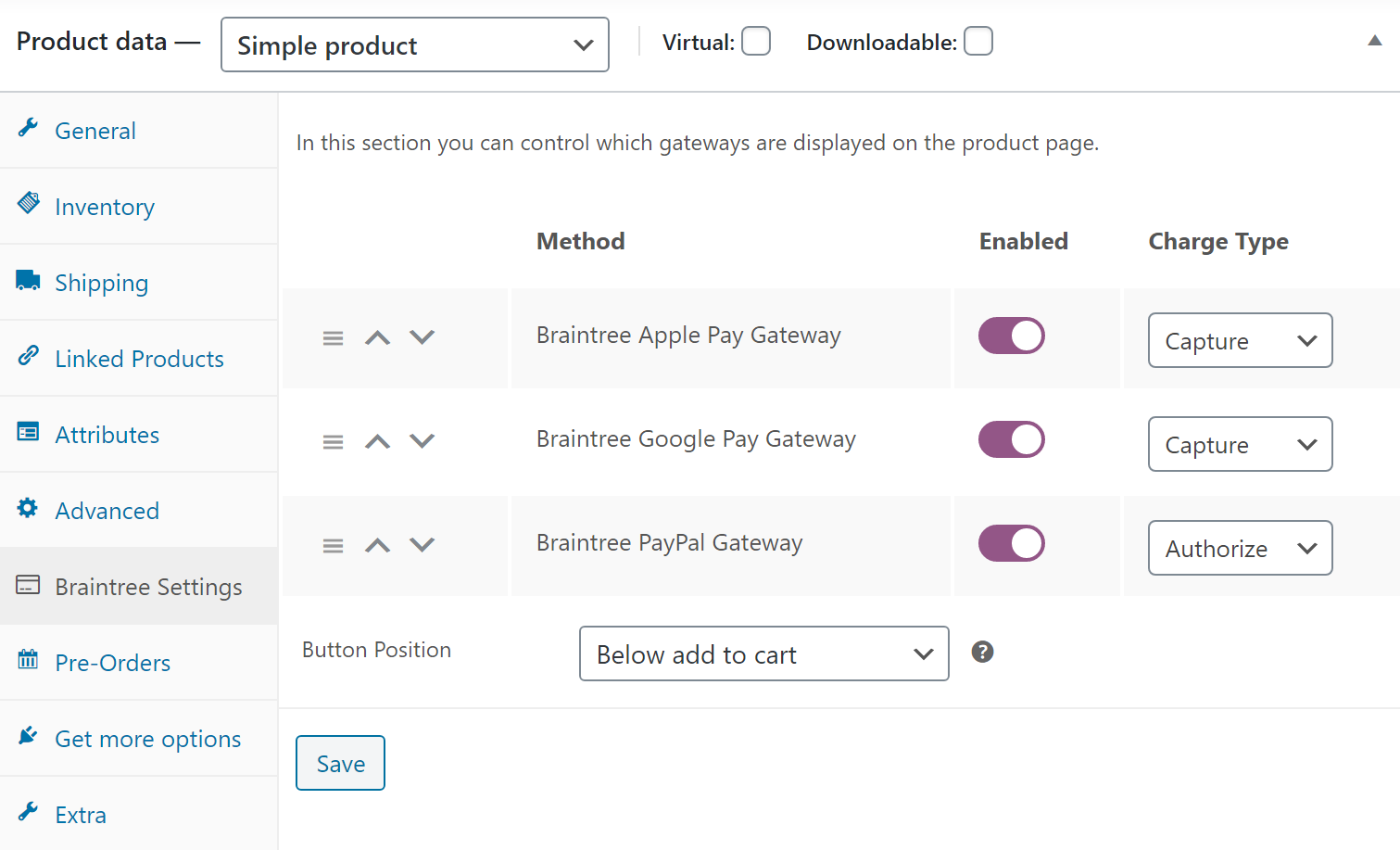 Customize which payment options are available on the product page