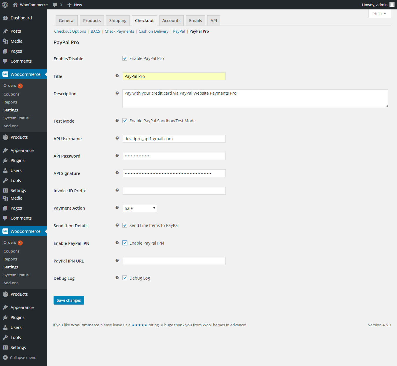 Configuring PayPal PayPal Pro for Woo settings.