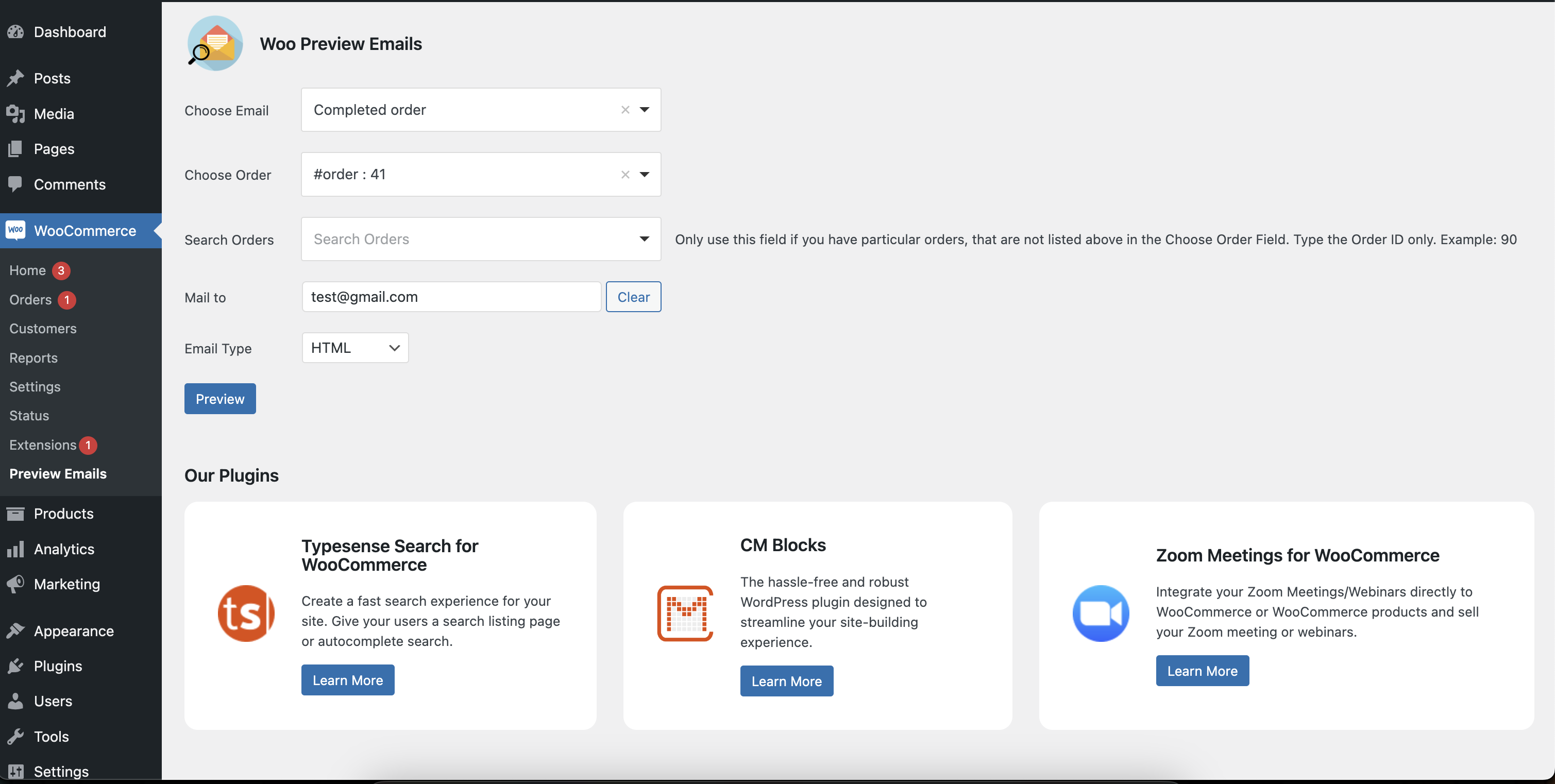 Preview E-mails for WooCommerce