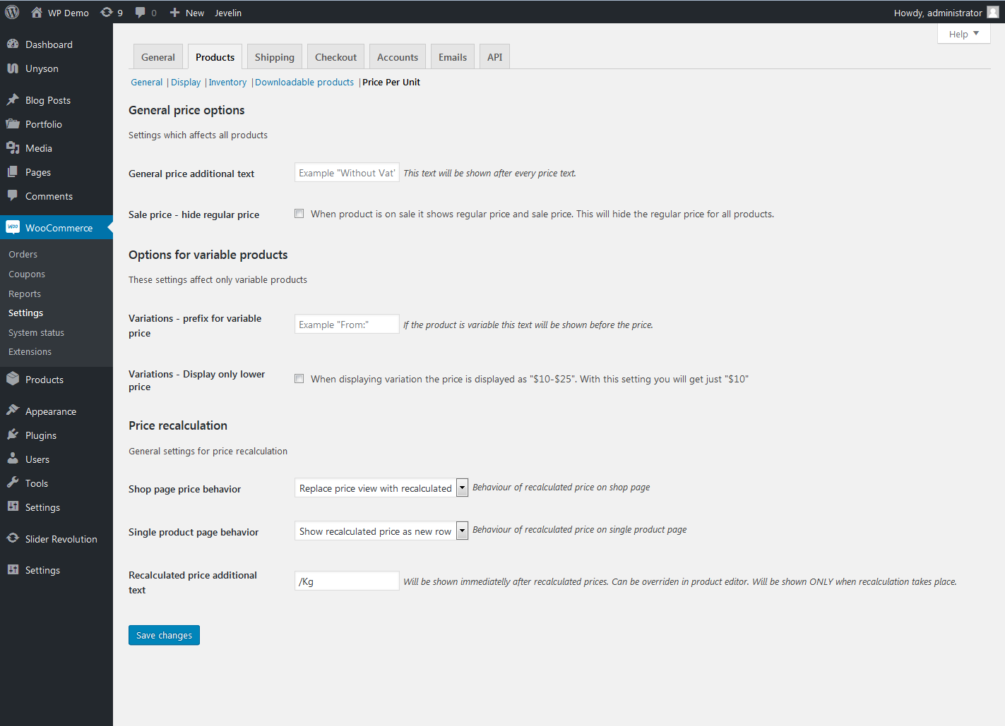 General options - those settings will affect all products