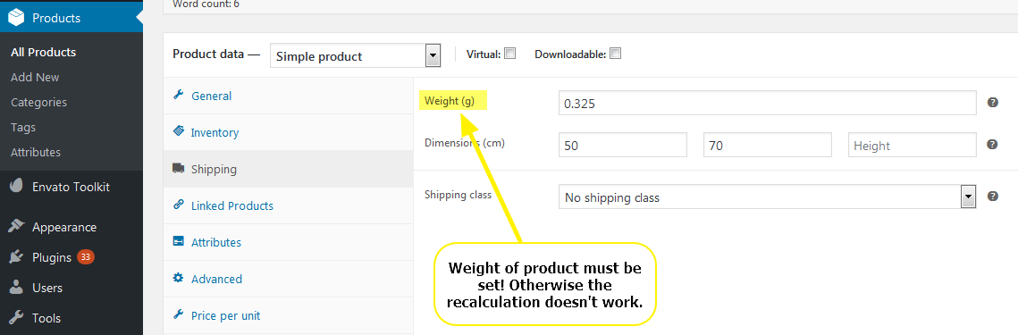 Important setting - for this plug-in to work the weight of the product needs to be set