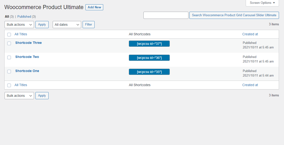 Backend: All Shortcodes