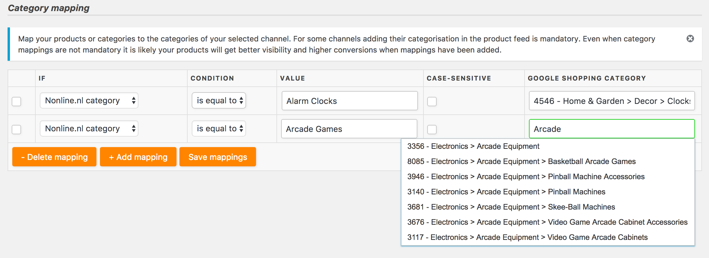 Map your product categories to those of the channels you are creating feeds for (for example Google shopping)