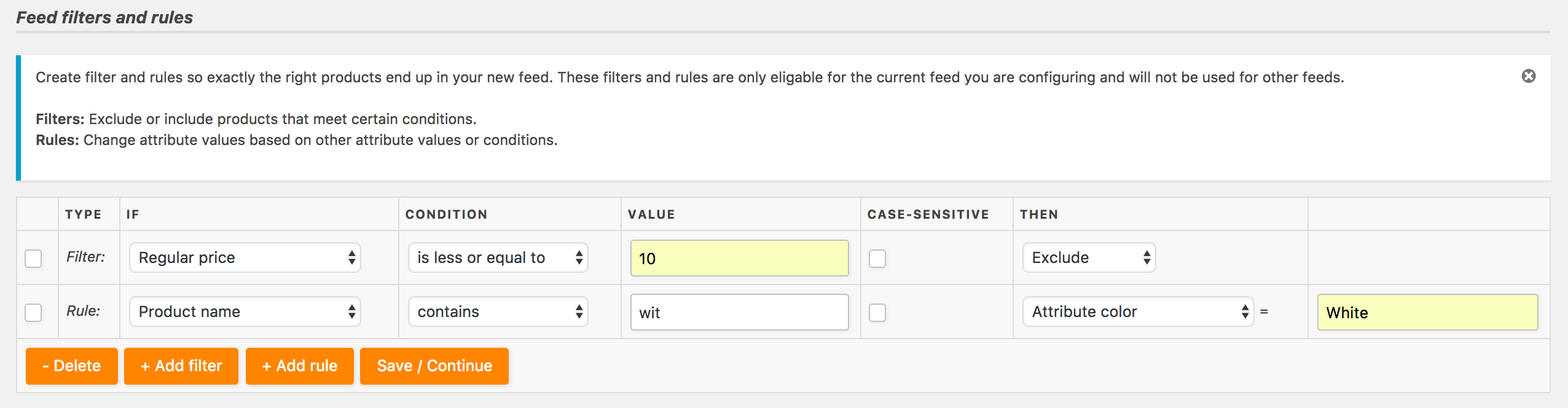 Set feed filter rules so only the profitable products end up in the product feed