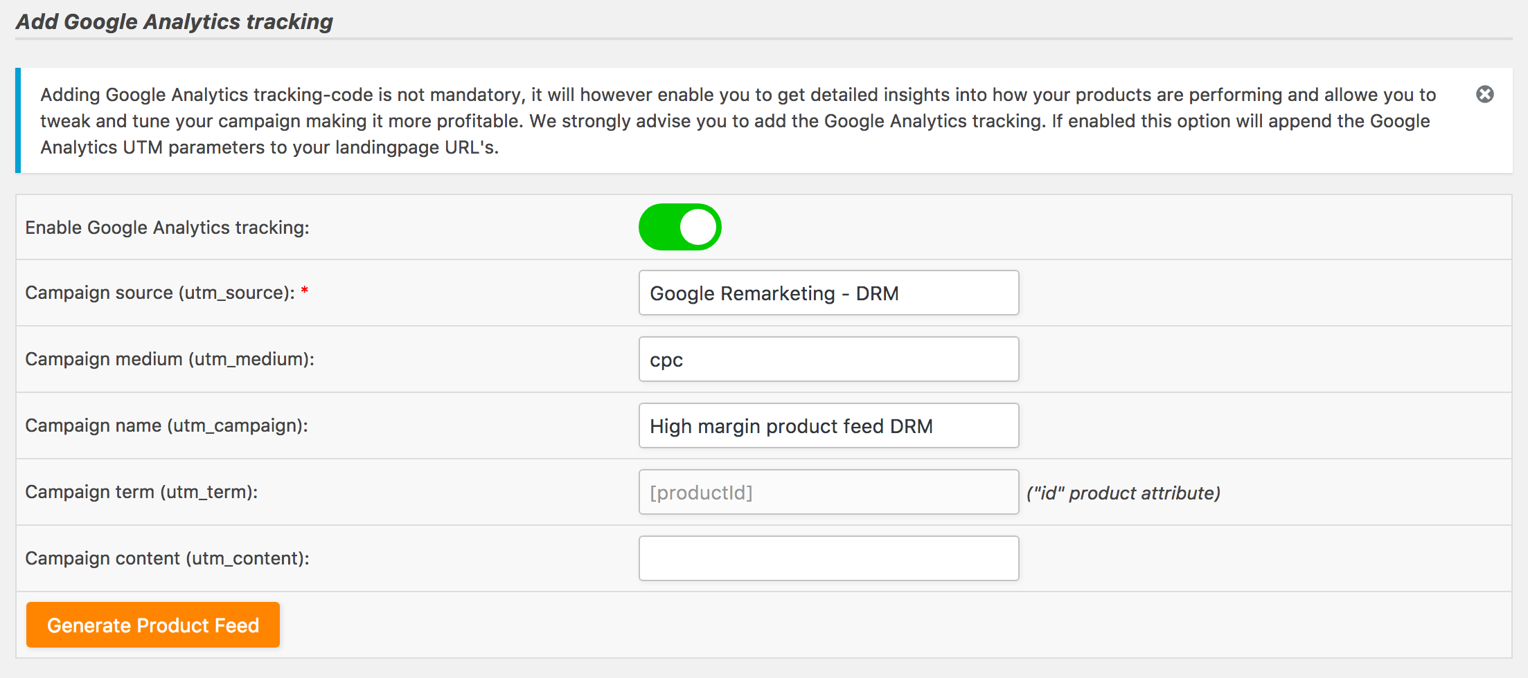 Add Google Analytics UTM parameters to the product landingpage URL's in your product feed