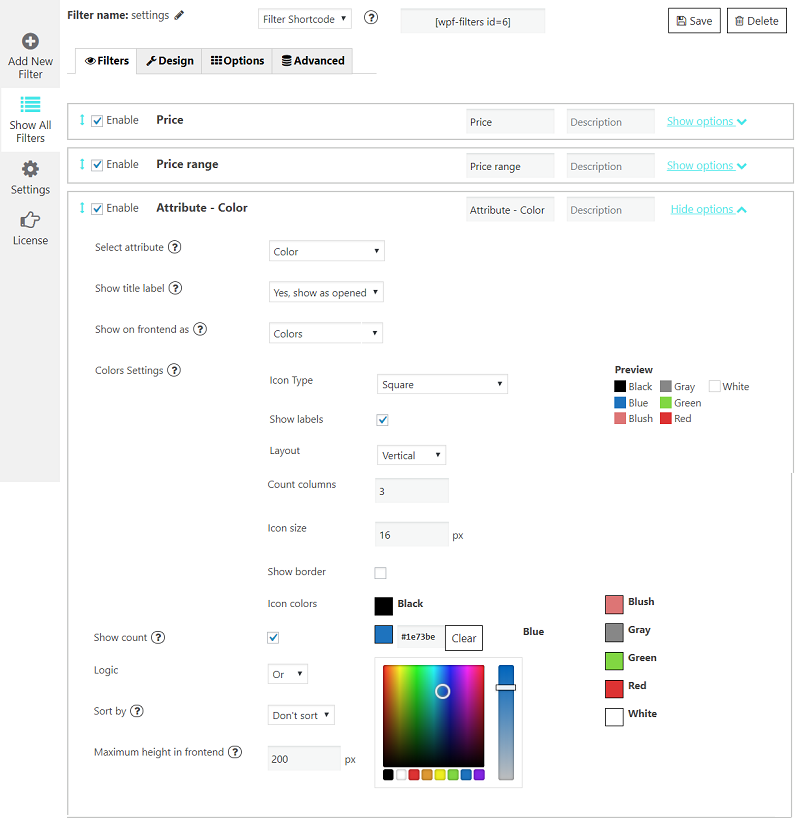 Product filter constructor. Price