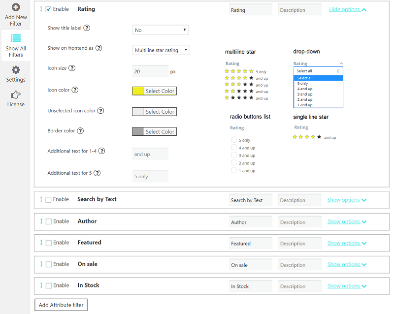 Product filter constructor. Attribute