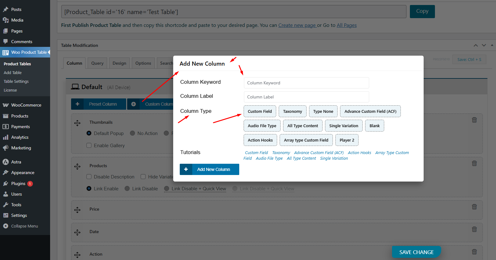 Enable/Disable columns by checking the boxes