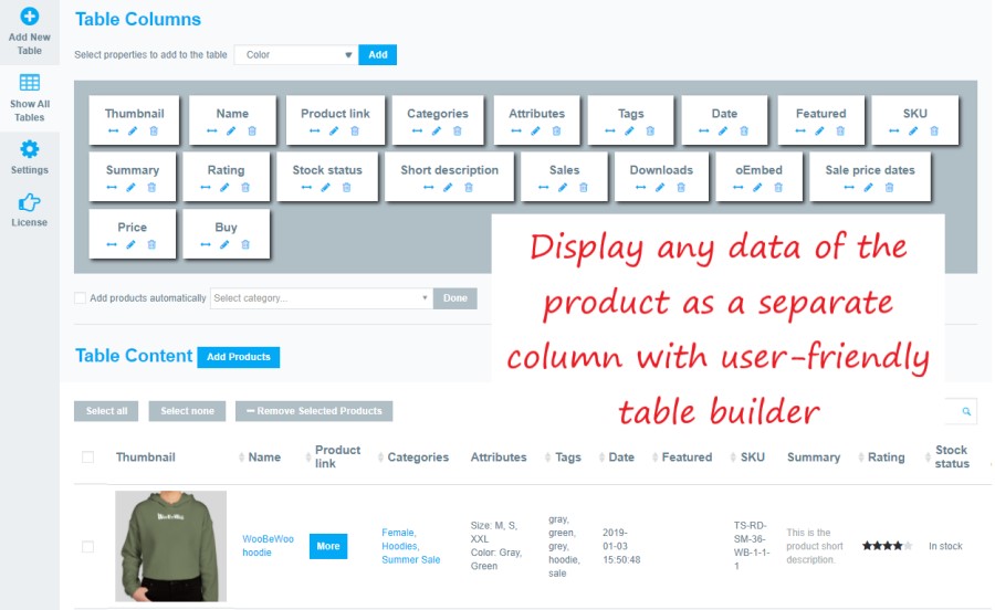 WooCommerce Product Table columns