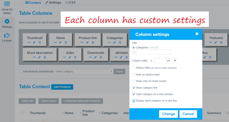 WooCommerce Product Table Column Settings