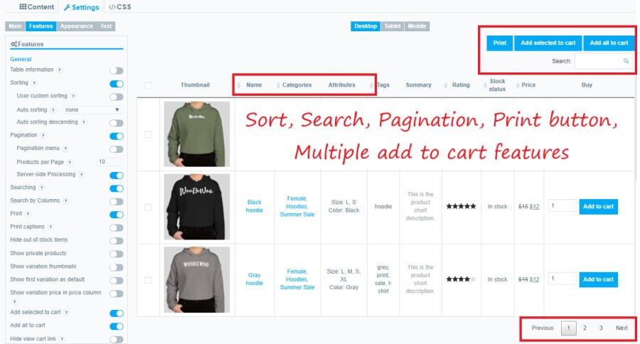 Sorting, Searching, Pagination, Multiple add to cart buttons**