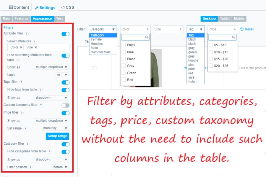 WooCommerce Product Table filters**