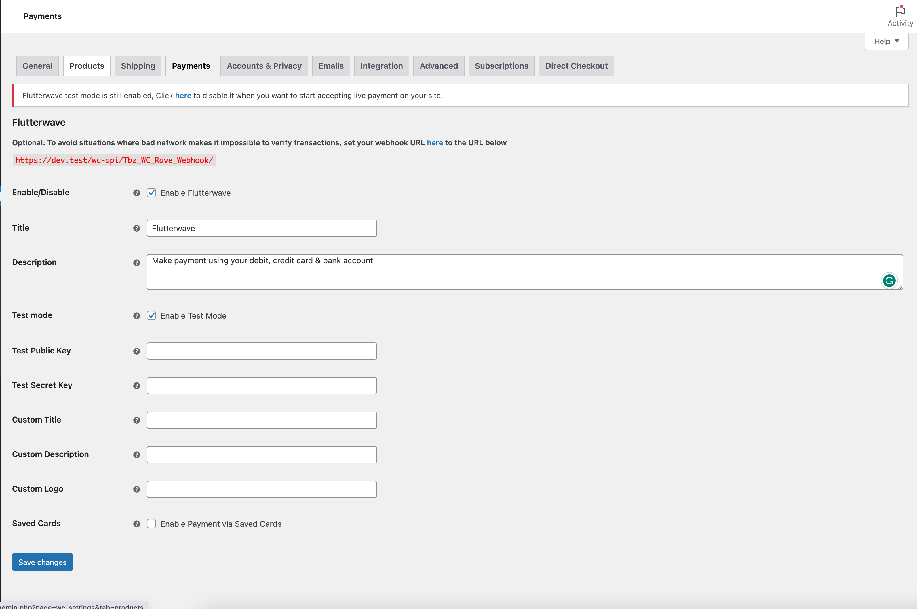 <p>Flutterwave WooCommerce payment gateway settings page</p>