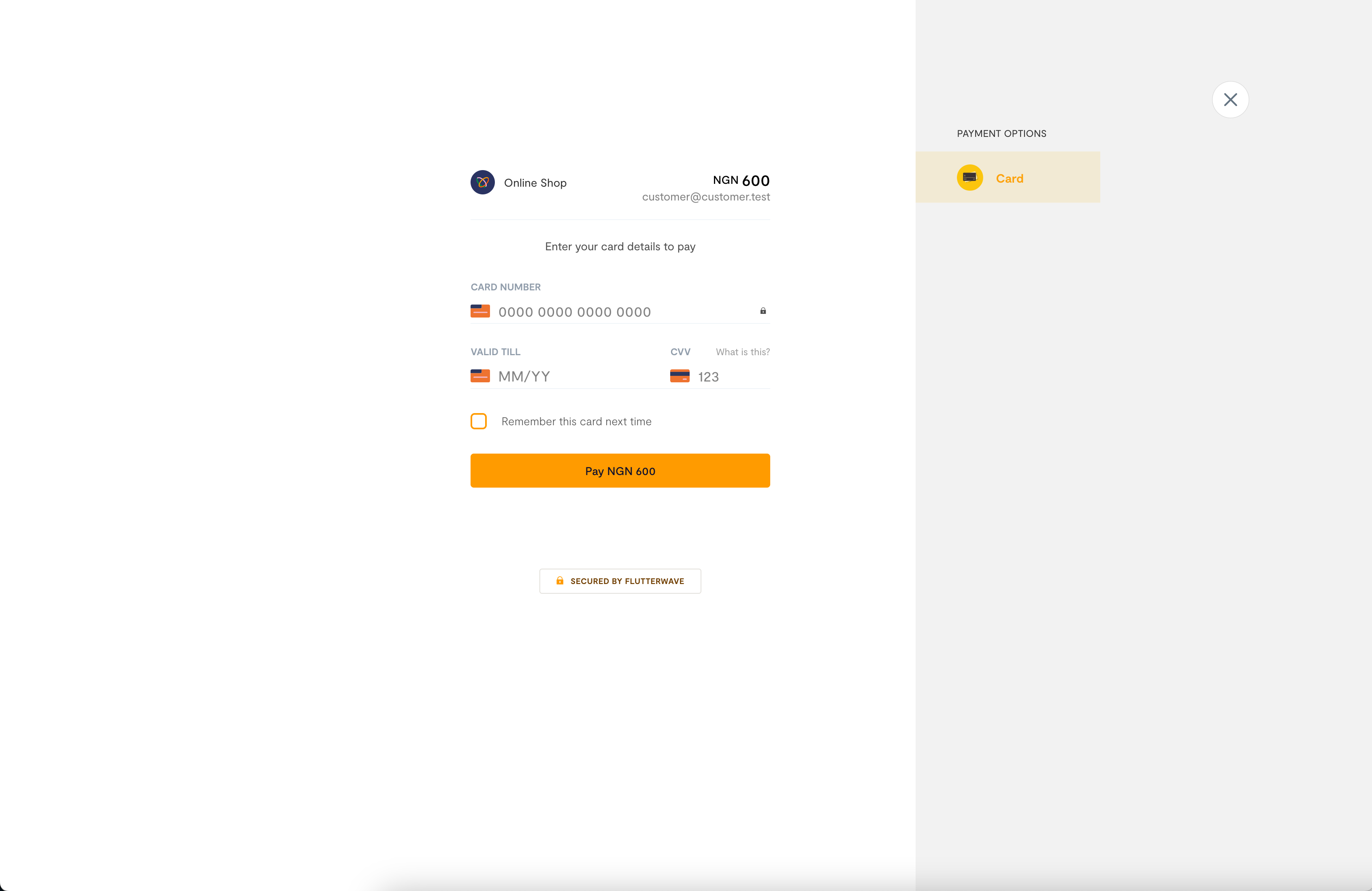 <p>Flutterwave payment modal on the checkout page</p>