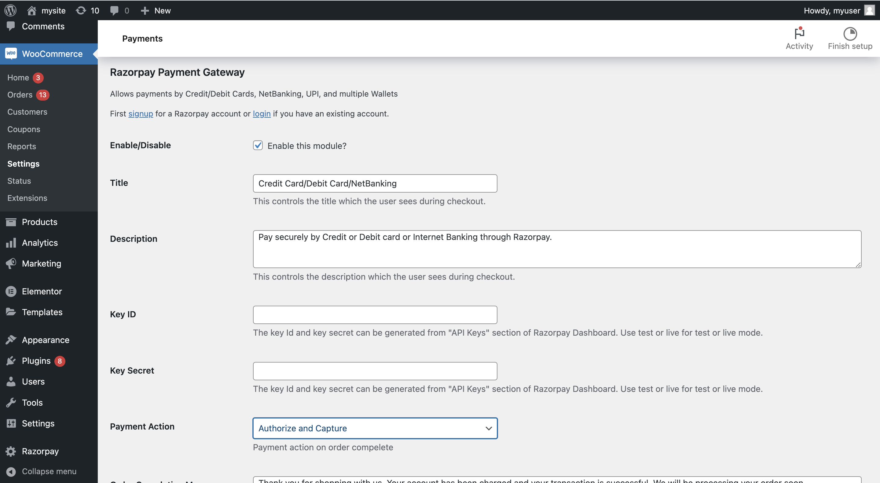 Razorpay Payment Gateway for WooCommerce Plugin settings.