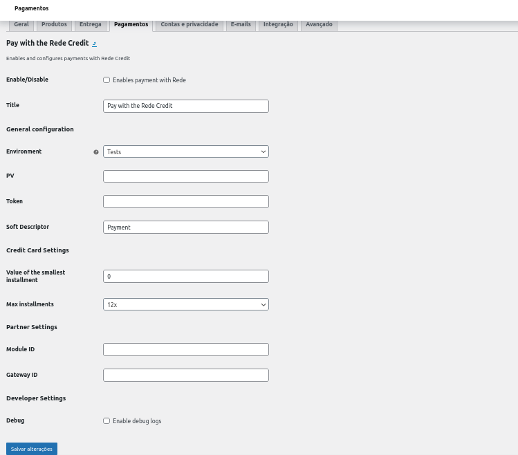 Página de configurações Rede crédito.