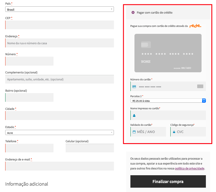 Rede Credit front inputs page.